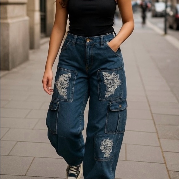 VENUS Navy Embroidered Flare Jeans - Picture 1 of 9